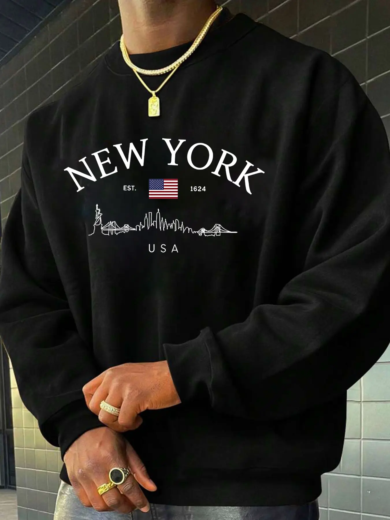 Men's Casual Pullover Sweatshirt, New York City Skyline Print, American Vintage Style, Fitted Regular Fit, Fall & Winter