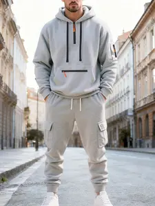 Men's Winter Fleece Colorblock Sports Set, Half-Zip Jacket & Drawstring Pants, Heavyweight Two-Piece, Casual Long Sleeve Top and Pants