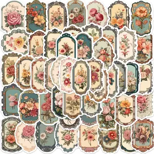 Vintage Floral Mirror Graffiti Stickers, Self Adhesive Stickers, Personalized Decorative Guitar Notebook Luggage DIY, 50 Sheets Flat Stickers