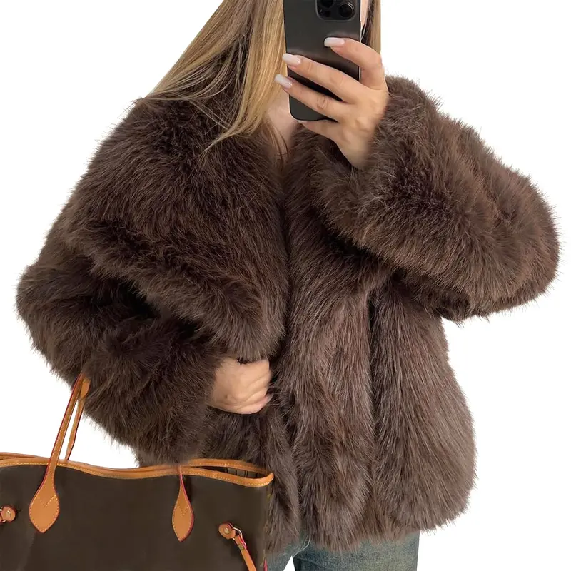 Buenoble Women's Brown Faux Fur Coat Winter Fluffy Short Jacket Warm Fuzzy Oversized Outwear Top Shaggy Collar Full Lining Short Jacket with Side Pockets