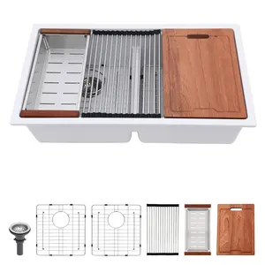 Lordear 33 Granite Composite Kitchen Sink Double Bowl White Granite Kitchen Sink Ledge Workstation 33''x19'' White Undermount Double Bowl 50/50 Low Divide Quartz Classic Composite Under Counter Basin