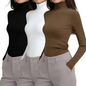 Women’s Cotton Spandex 3 Piece Top Set - Long Sleeve Crewneck & Turtleneck, Soft Skin-Friendly High Elastic, Classic Basic Tees for Commute Lounge Daily Wear