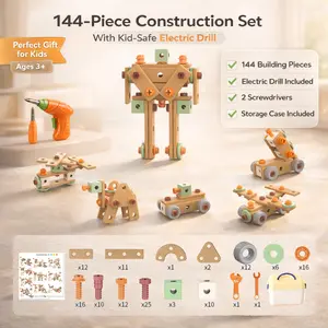 144PCS STEM Building Toy with Electric Drill Montessori Construction Set for Toddlers Ages 3+ DIY Assembly Learning Toy Screen-Free Educational Gift,  teen girl/boy gift, creative play