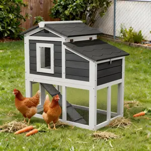 Outdoor 2 Story Wooden Duck Coop with Weatherproof Brooder and Wire Mesh,Black with White