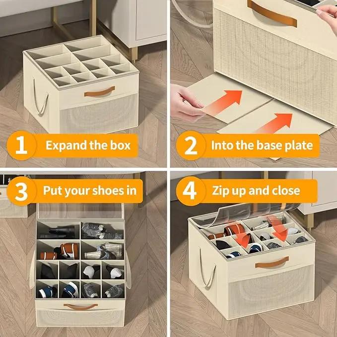 Shoe Organizer for Closet – Fits Up to 8–16 Pairs, Fabric Shoe Storage Bins with Clear Cover, Adjustable Dividers, Foldable Space-Saving Box Compartment Racks Shelf (Beige), Perfect for Back to School & Mother’s Day Gift