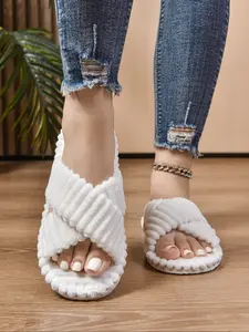 Women's Open-Toe Striped Cross Strap Slippers, Non-Slip Slip-On Indoor Shoes, Comfortable Soft Sole, Ideal for Home Use