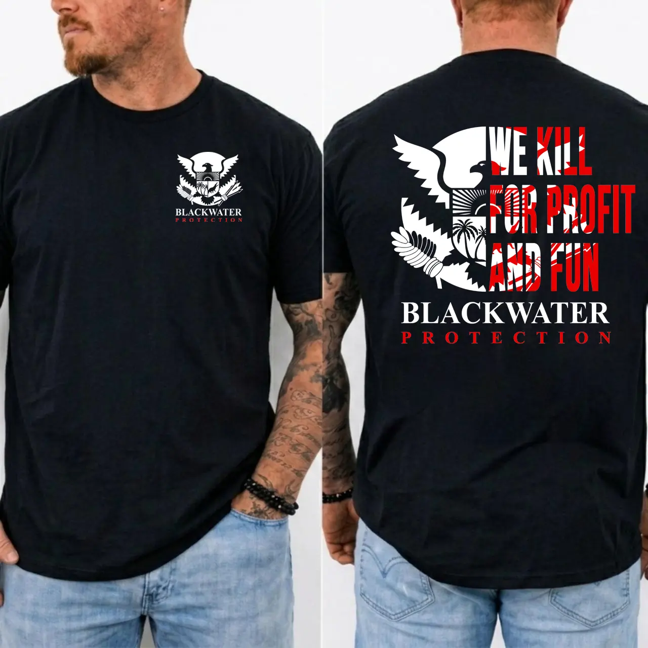 American Guardian Blackwater Protection Tactical Graphic T-Shirt, We Kill For Profit And Fun Inspired Tee, Vintage Combat Style Two Sided Shirt, MADE IN USA