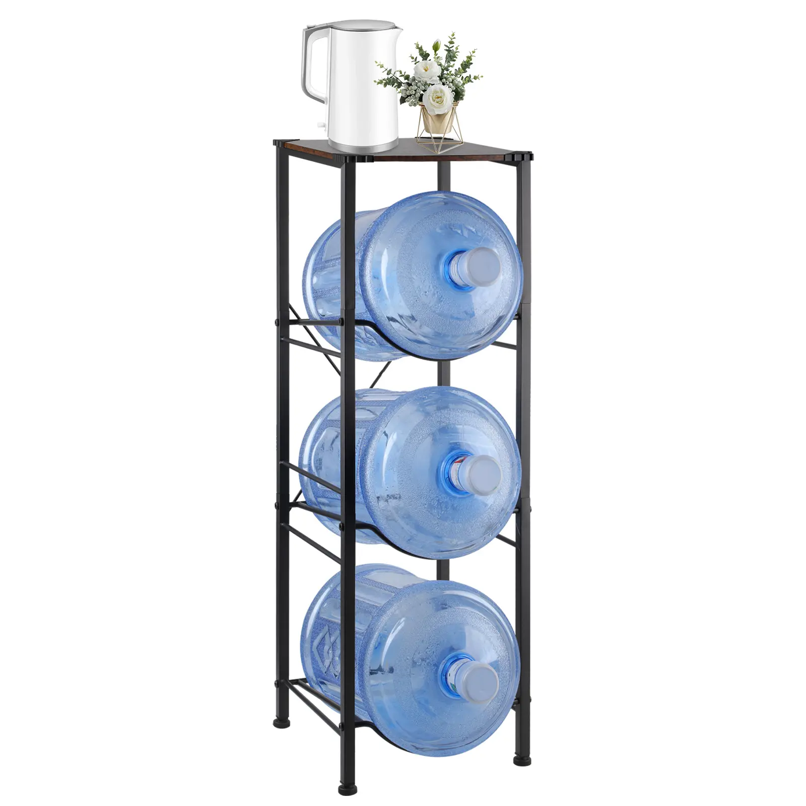 Sturdy 3-Tier 5 Gal Jug Holder with Wood Top, Metal Frame, Black Finish - Water Bottle Storage Stand for Kitchen Organizing, Organiser, Rack