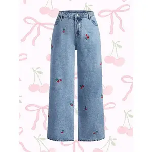 Women's Hand Embroidered Cherry Casual Straight Leg Wide Pants, Elegant Woven Denim Jeans, All Seasons Fashion, Comfortable Fit Trouser