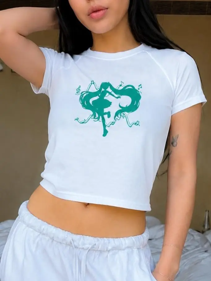 Anime Music Girl Silhouette Crop Top | Kawaii Vocaloid Aesthetic Baby Tee