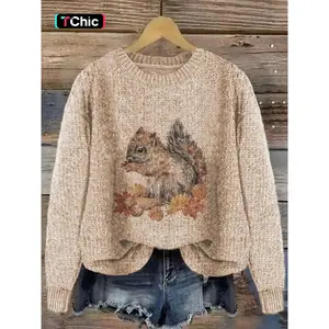 Women's Round Neck Cartoon Squirrel Print Sweater Knitwear, Loose-Fit Casual Knitted Pullover for Fall & Winter, Comfortable Daily Wear