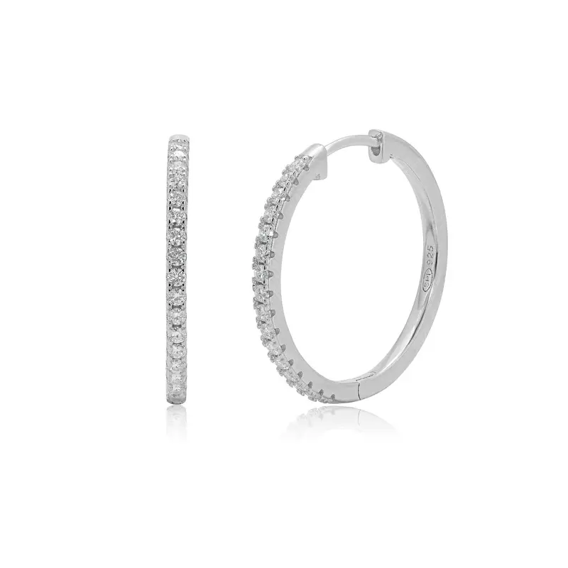 Rhodium Plated 925 Sterling Silver Round Moissanite Studded 20mm Hoop Earring