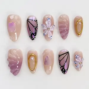 Butterfly Wing Purple Press on nails long almond nails/Bloom Flower Nails/Floral nails/Holiday nails/Purple Nails/Aura Wing Nails/Gold nails
