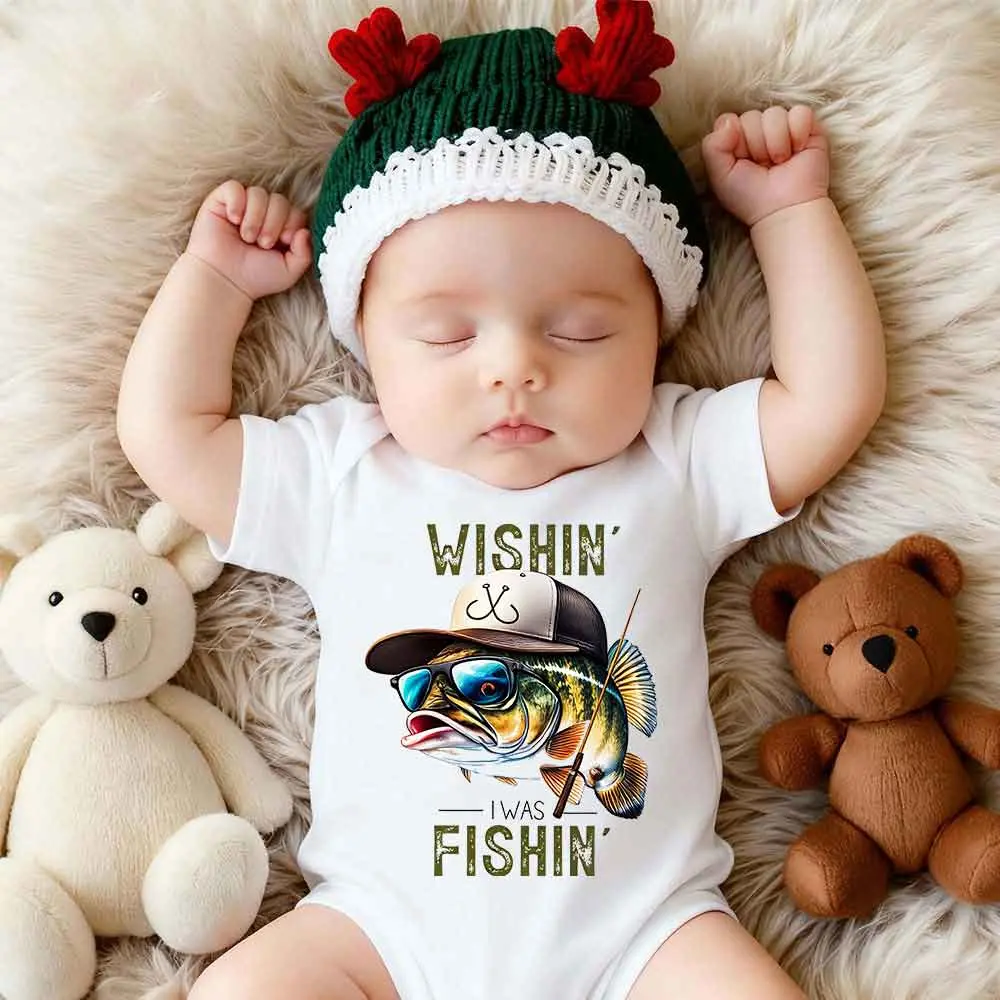 Solid Color Baby Bodysuit - 100% Cotton Short-Sleeve Basic Crew Neck Fitted Toddler Outfit, Tagless Comfortable "Wish I Was Fishing" Slogan Print, Snaps Design for Easy Layering, Solid Color Bodysuit, Unisex, 0 - 3 Months, 0-3M, Machine Washable, Above Th