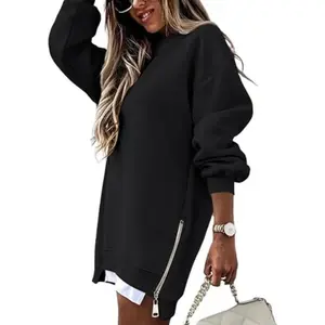2025 Women's Long Sleeve Pullover Sweatshirt Zipper Split Casual Dress Drop Shoulder Oversized Clothing