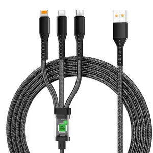 3-in-1 Data Charger Cable, 1 Count 100W Fast Charge Digital Display Data Cable, One-to-Three Transparent Flash Charge Cable for iPhone & Android Phones