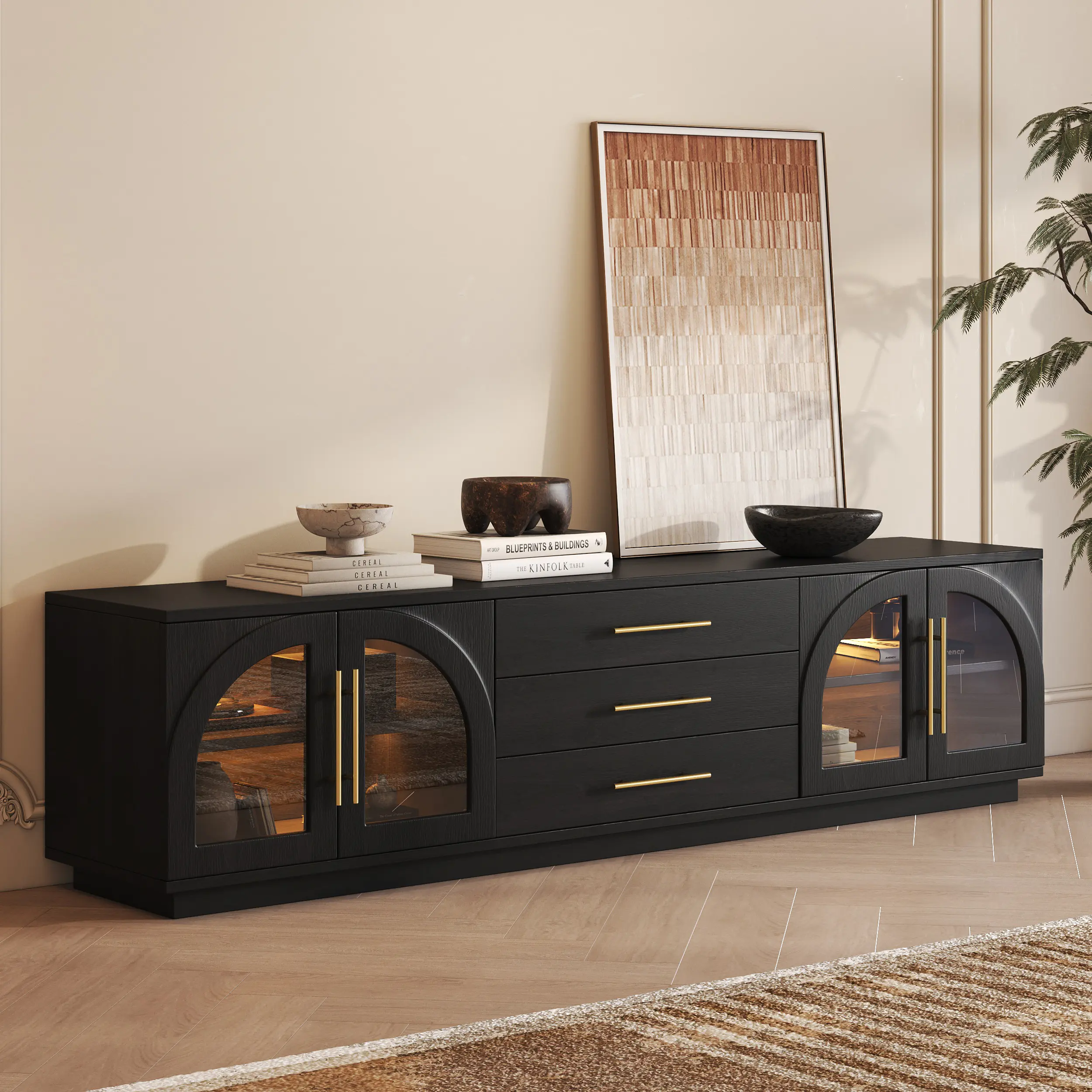 Homary Arune 80" Arched Glass Doors TV Stand with Storage and LED, Tv Console Table, Tv Floor Stand