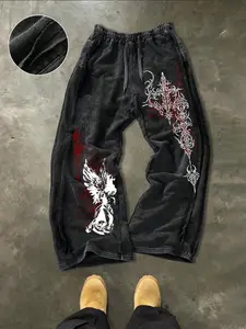 Y2K Grunge Gothic Cross Angel Print Washed Black Baggy Sweatpants | Vintage Dark Academia Streetwear for Men Women | Soft Cotton Blend Drawstring Waist Casual Trousers | E-Girl Alt Fashion Hip Hop Skate Pants | Aesthetic Oversized Joggers
