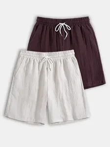 Men's Linen Blend Drawstring Elastic Waist Shorts 2 Pack, Casual Fashion Shorts, Loose Fit Shorts, Casual Loose Comfy Lightweight Breathable Bottoms for Summer Beach Daily Wear