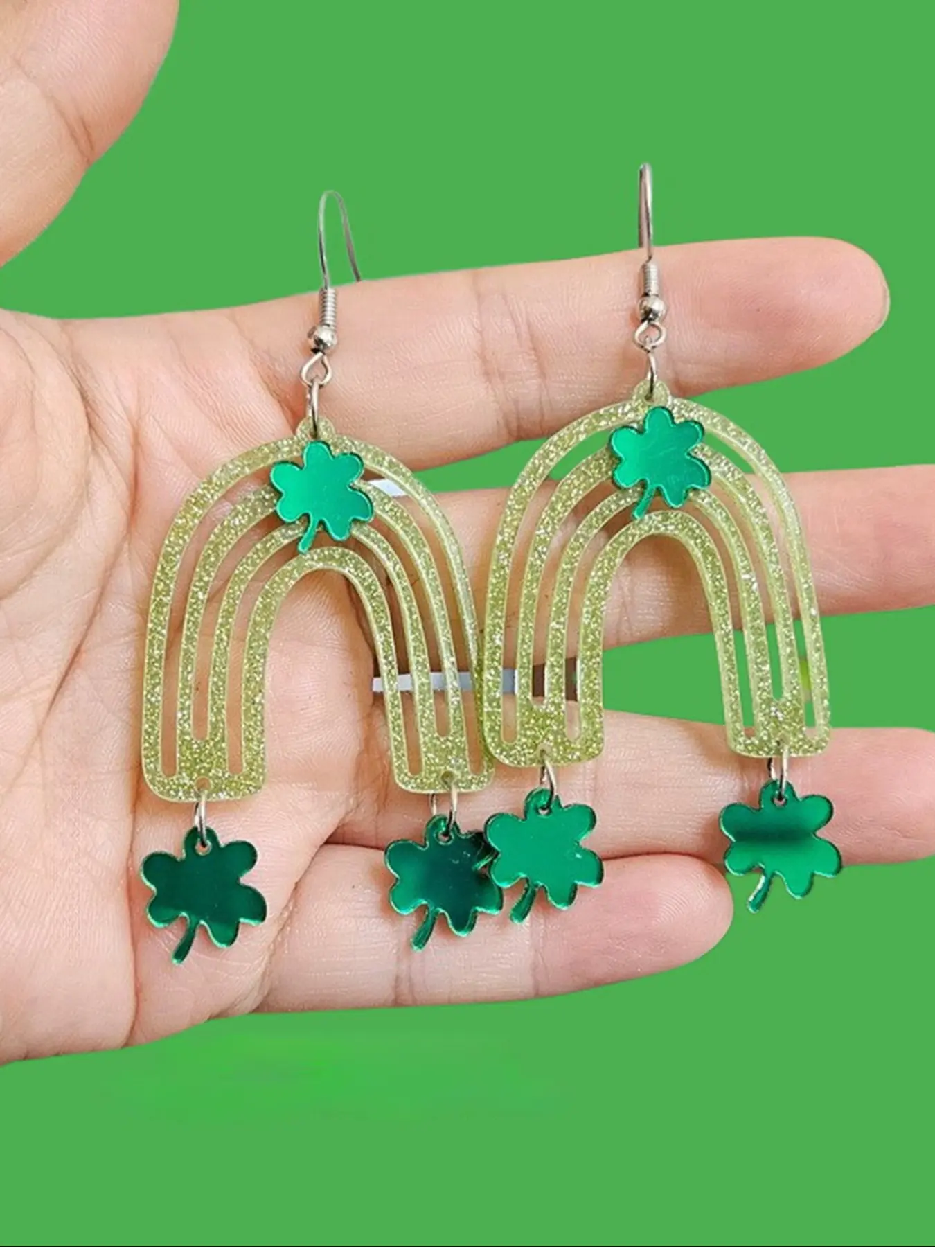 Women's Glitter Shamrock Acrylic Earrings, St Patrick's Day Irish Beer Festival Party Jewelry, Lucky Four-Leaf Clover Design