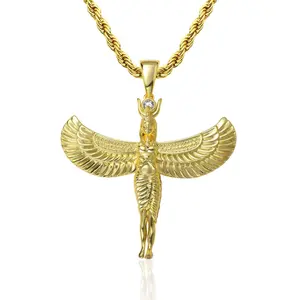 Egyptian Goddess Pendant Necklace, Winged Angel Isis Charm, Hip Hop Jewelry for Men Women