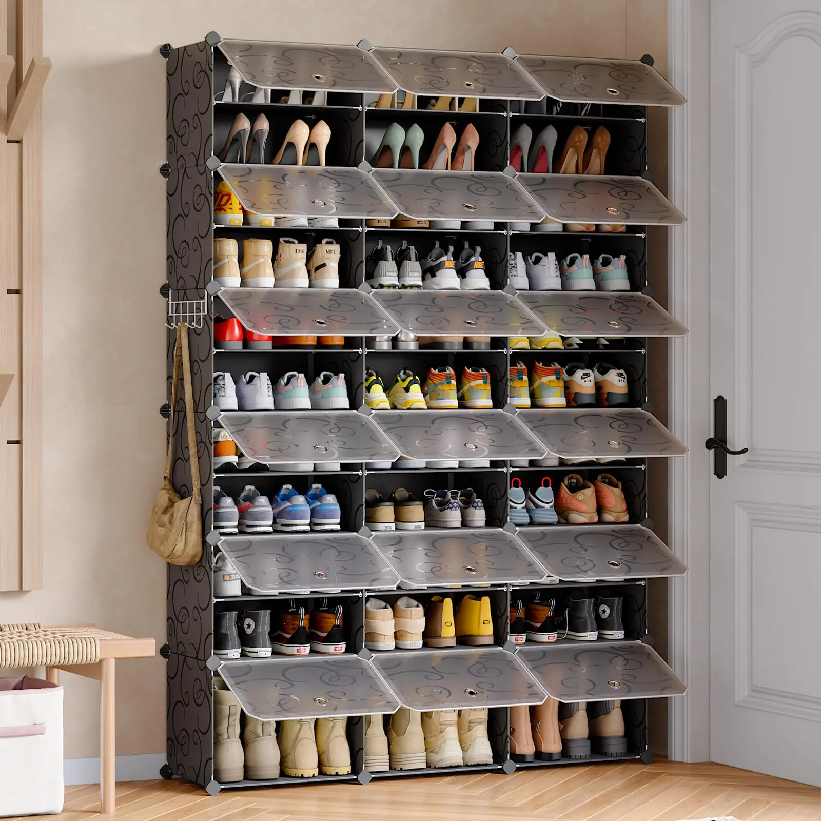 72-Pair Plastic Shoe Storage Cabinet with Door - DIY, Adjustable, Stackable, Expandable Free-Standing Shoe Rack Organizer for Entryway, Bedroom (Black)12-Tier Portable 72 Pair Shoe Rack Organizer 36 Grids Tower Shelf Storage Cabinet
