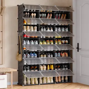72-Pair Plastic Shoe Storage Cabinet with Door - DIY, Adjustable, Stackable, Expandable Free-Standing Shoe Rack Organizer for Entryway, Bedroom (Black)12-Tier Portable 72 Pair Shoe Rack Organizer 36 Grids Tower Shelf Storage Cabinet