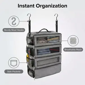4-Layer Hanging Luggage Organizer with Sturdy Steel Hooks & Breathable Mesh for Multi-Functional Travel Packing Cubes Portable Wardrobe