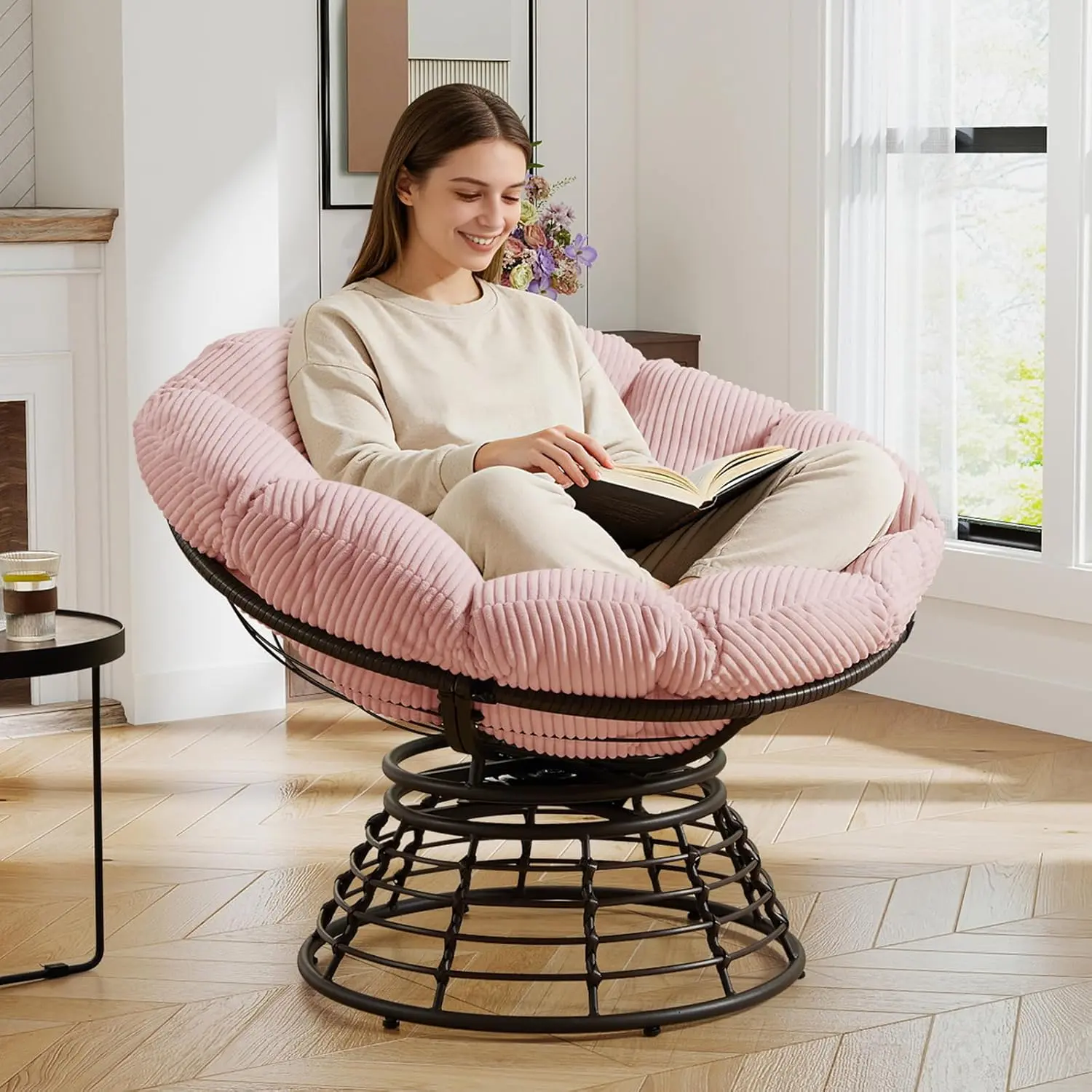 Modern Round Form Papasan Chair with Steel-PE Wicker Frame, Tufted Corduroy Cushion, 360° Swivel Seat, Oversized Comfy Indoor Reading Lounger with Metal Base for Bedroom, Living Room, Pink