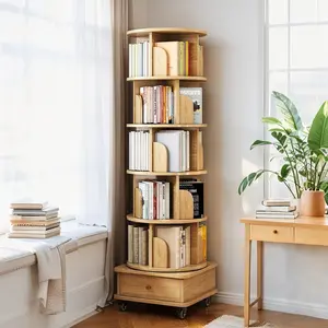 6 Tier Rotating Bookshelf, 360 °   Display Round Spinning Bookshelf with Wheels and Drawer, Space-Saving, Small Space Rotating Bookshelf Tower for Bedroom, Living Room, Home, Office, Wood Color