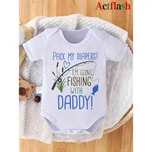 Baby Boys' Short Sleeve Bodysuit, Cute Letter Print "Pack My Diapers I'm Going Fishing with Daddy", Summer Knit Polyester Fabric, Round Neck, Super Tight Fit Infant Onesie, for Outdoor