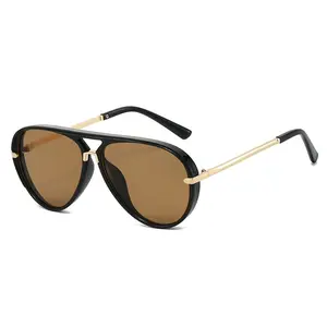 Y2K Aesthetic Aviator Sunglasses Black Frame Gold Metal Legs UV400 Protection Warm Brown Lenses Unisex Design