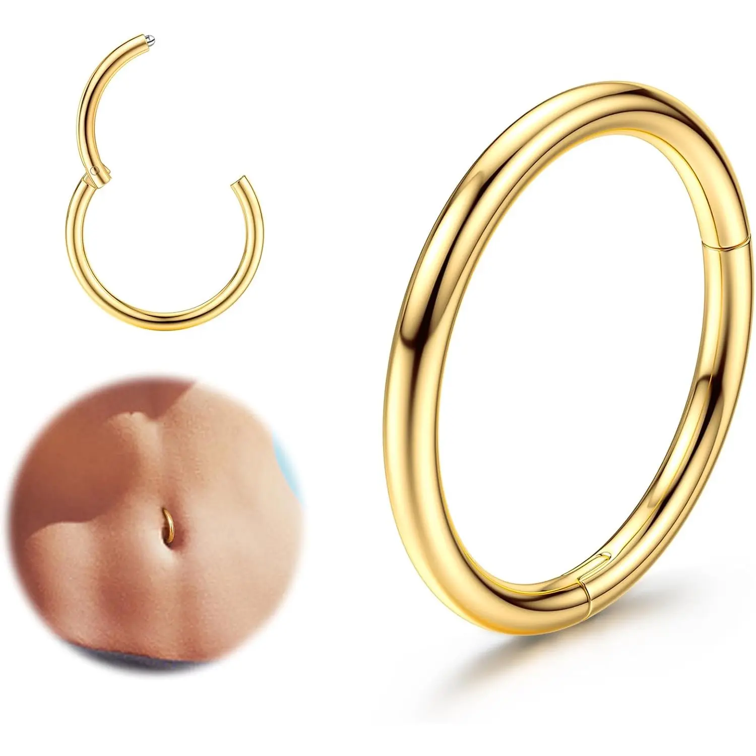 MILACOLATO 14G Surgical Steel Belly Button Rings for Females, Casual Metallic Body Jewelry Set with Hinged Clip Clicker Closure, Multi-Size Gold or Silver Seamless Hoop & Button Bars, Geometric Piercing Jewelry