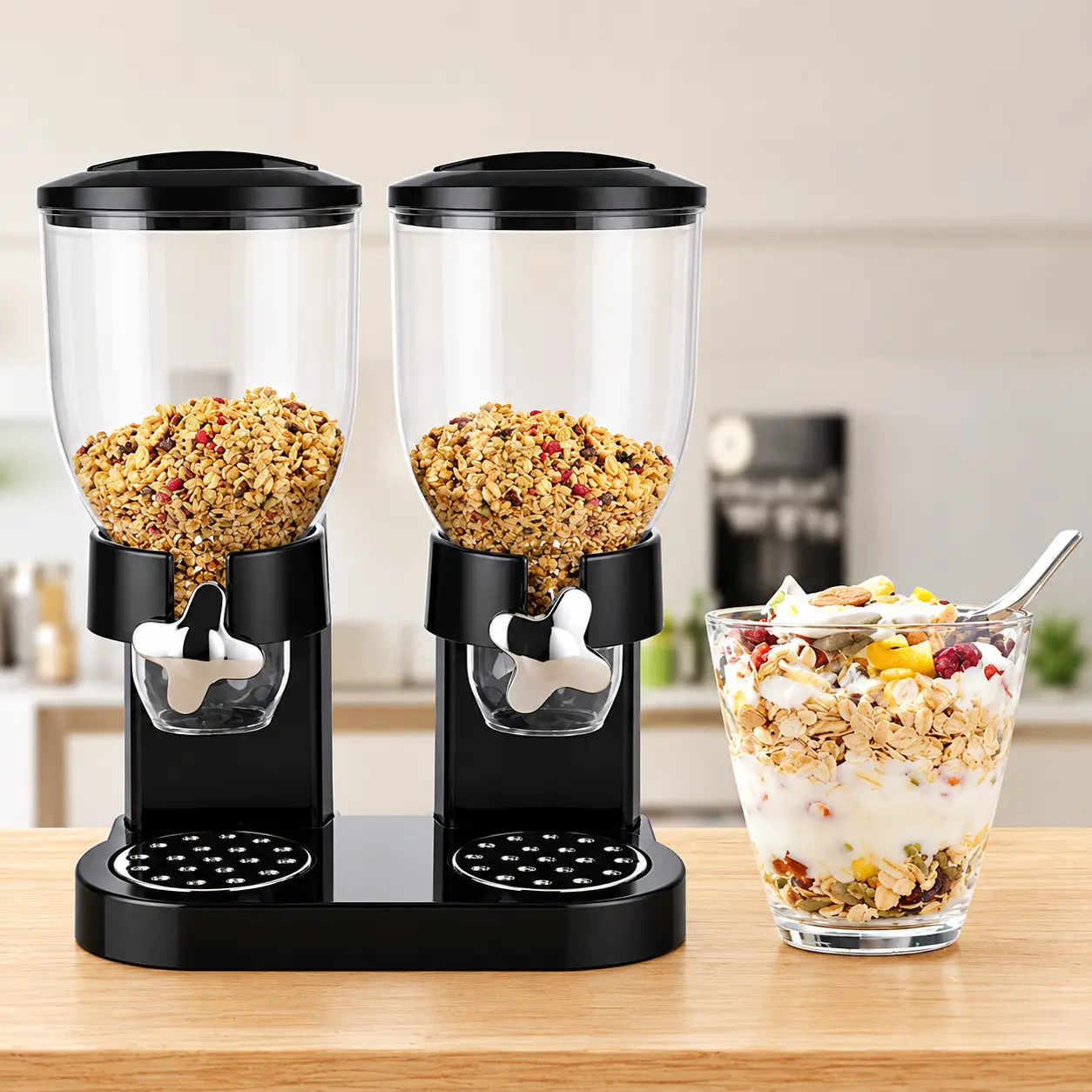 Modern Black Metal Self-Dispensing Airtight Can-Shaped Food Storage Container with Lid - 1/2/3-Piece Multi-Size 1L Wide-Mouth Dispenser Canisters, Triple-Knob Control for Countertop Cereal, Coffee, Tea Food Storage Organization