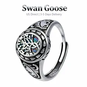 S925 Sterling Silver Tree of Life Adjustable Rings Celtic Knot Vintage Abalone Shell Jewelry Gifts for Men and Women