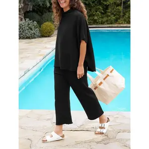 Imily Bela Curve Women Plus Size L-5XL 2 Piece Lounge Set Oversized Raw Edge Crew Neck Pullover Top Batwing Sleeve Capelet Wide Leg Pants Lounge Outfit