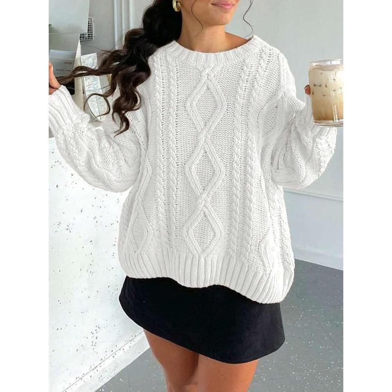 Women's Round Neck Twisted Flower Long Sleeve Knitted Sweater Tops White Casual Minimalist Pullover Polyester Fabric Knitwear Back-to-School Graduation Outfit