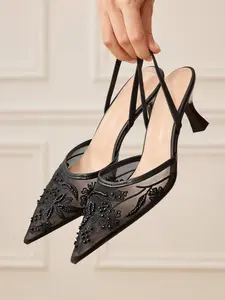 Women's Elegant Summer Mules, Embroidered Mesh Pointed Toe, Stiletto Heel, Perfect for Weddings, Parties, Formal Events, Office Wear