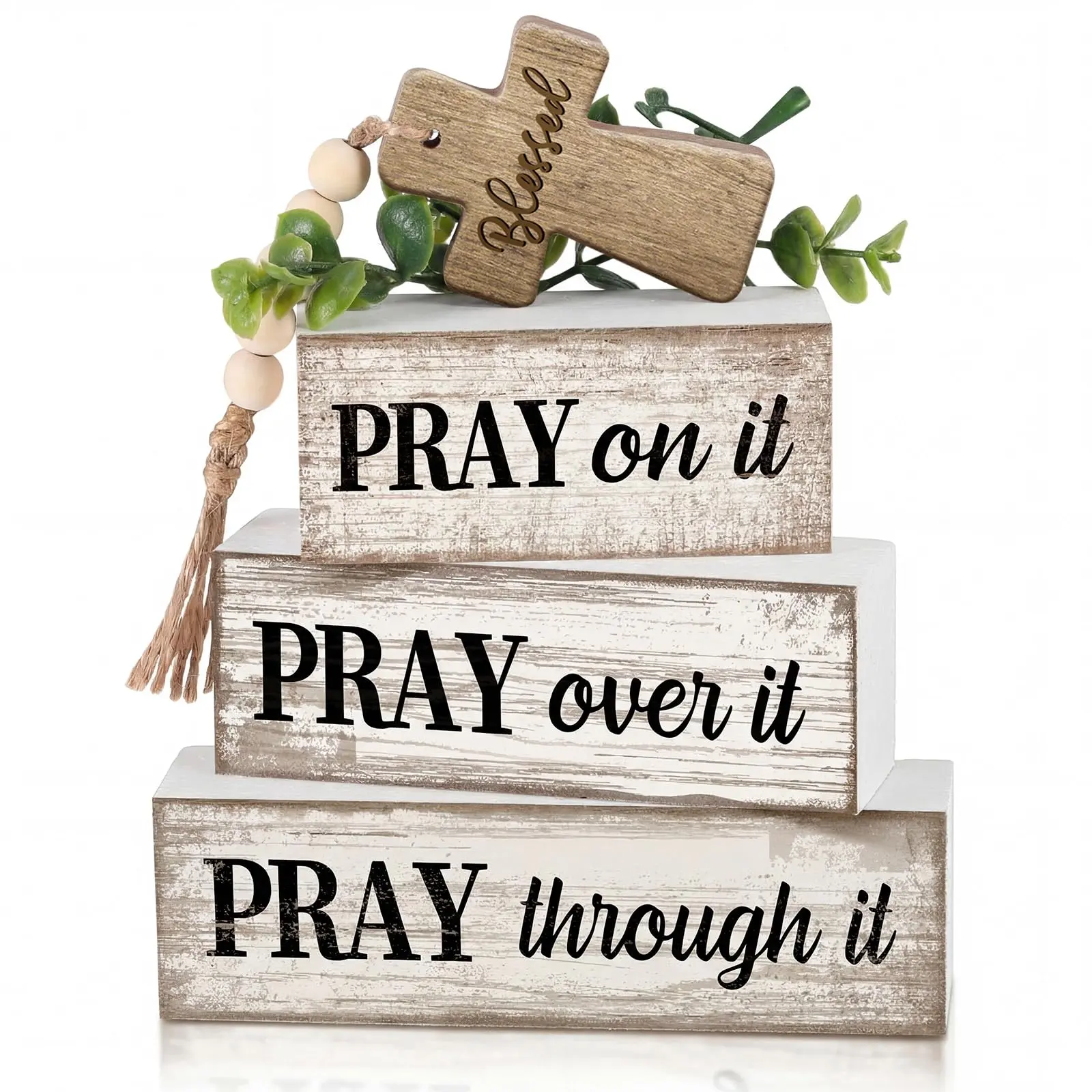 Set of 4 Christian desktop decorations: wooden cross, wooden Bible verse sign, inspirational religious-style center decor, prayer plaque, farmhouse-style tabletop ornament; suitable for Mother’s Day