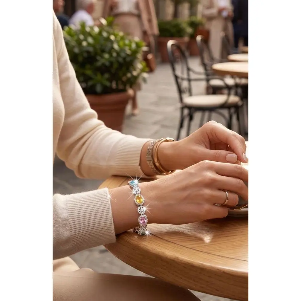 Multicolor Oval Crystal Halo Tennis Bracelet – Silver Tone Sparkling Statement Jewelry 7113