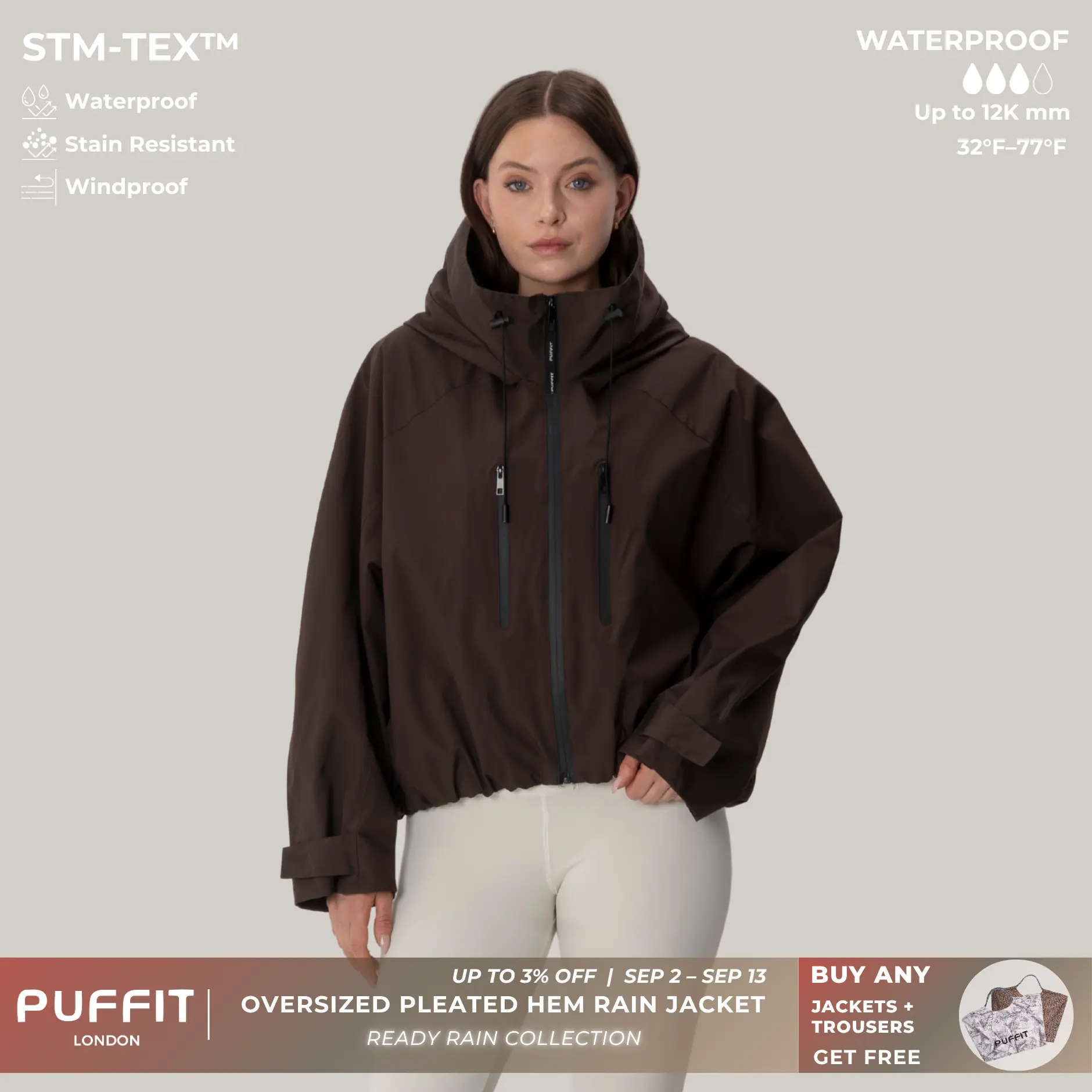 【Restocked】PUFFIT STM-TEX Short One-Size Rain Jacket With Pleated Hem,Hooded Jacket,Waterproof Jacket,Women Jacket,Wide-Brim Hood,Adjustable Cuffs,Zips,Outdoor Sport,Windbreaker,Fall,Winter,Dog Walking,School Running,Stylish,Womenswear,2026 Shopping