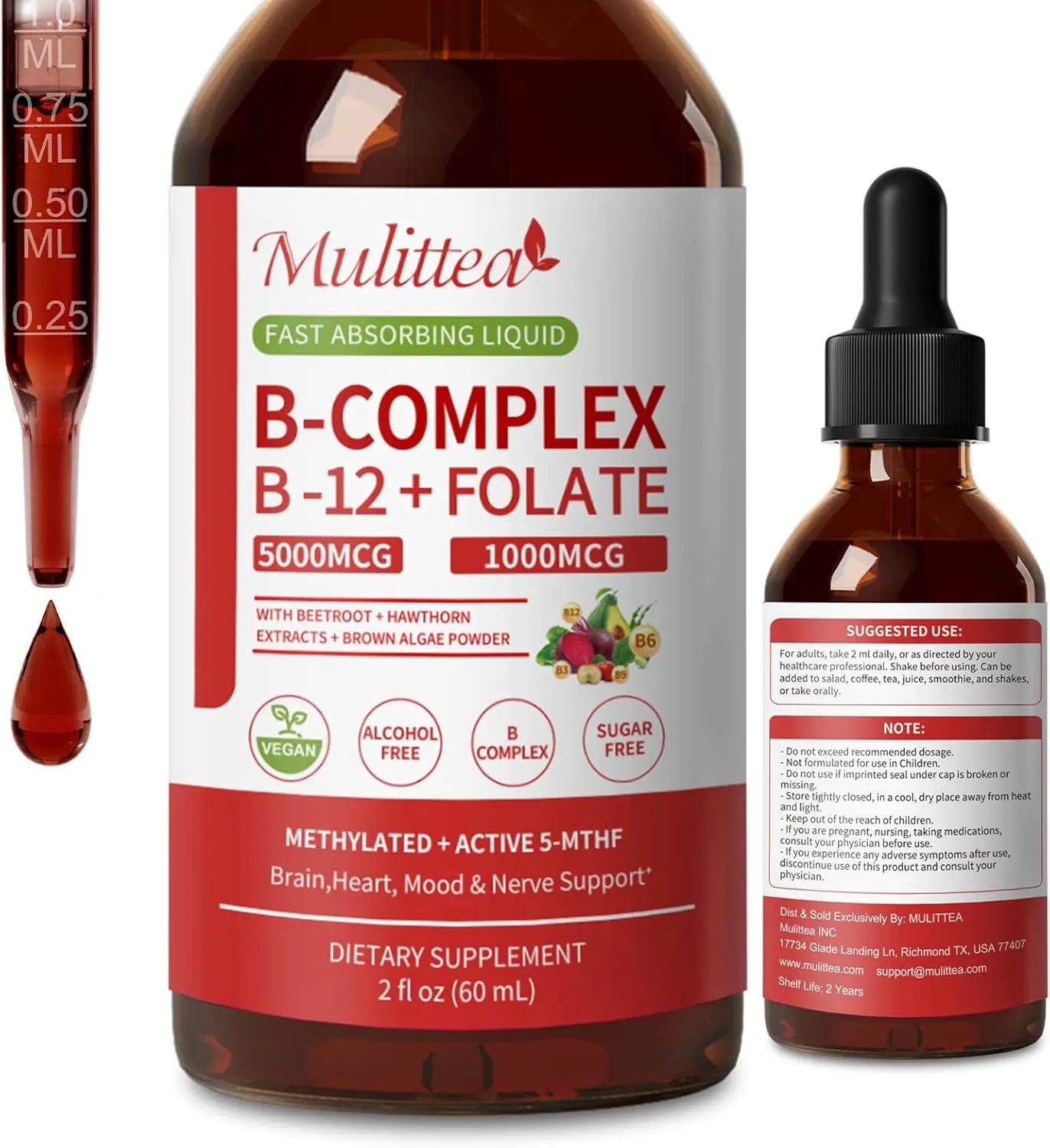 Methylated B Complex Methylcobalamin B12 & 5-MTHF Folate 1000 mcg, Vitamin B Complex Liquid Drops with B3, B6, Beetroot, Hawthorn - Energy, Focus, Heart & Brain, Sugar-Free, 2 Fl Oz