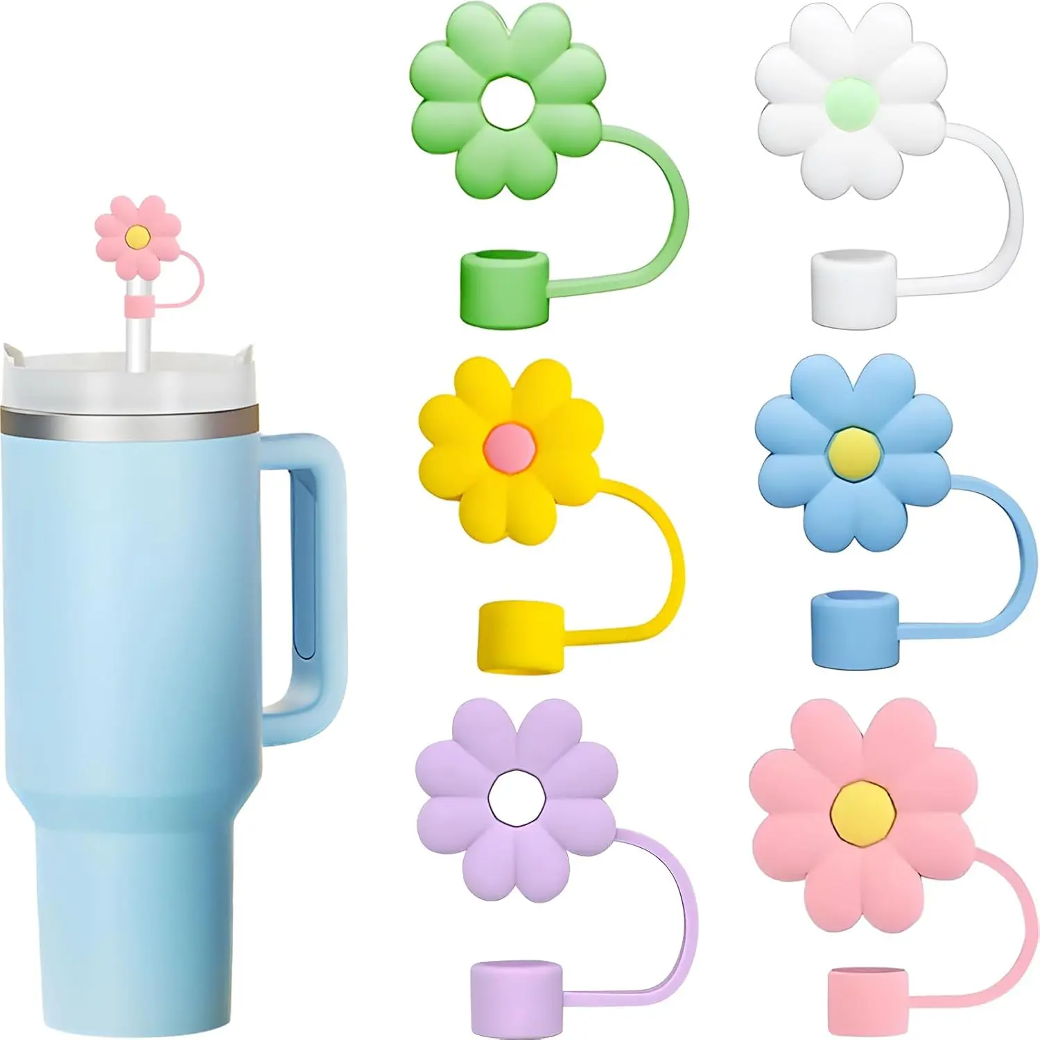 Straw Cover Cap for  Cup, 6 count 0.4in Diameter  Dust-Proof Straw Topper Compatible with  and Tumbler with Lid and Straws (6pcs flower set)