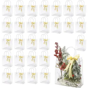 27 count Transparent Party Favour Clear Plastic  Bags with Handles, 7.9x7.9x3.2Inches, Clear Tote Goodie Bag Bulk PVC Plastic Bags with Handles and Ribbon for Gifts Weddings Birthdays