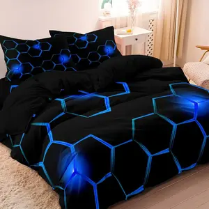 3Pcs Red and Blue Black Geometric Honeycomb Pattern 3D Printed Glow Dark Decorative Duvet Cover Set - Soft Comfortable Bedding Set For Bedroom, Guest Room - 1*Duvet Cover + 2*Pillowcases (No Comforter)
