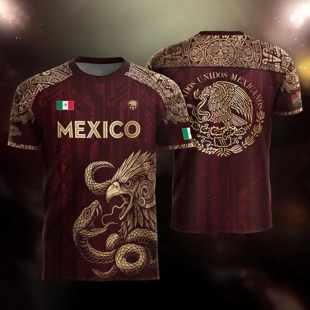 Mexico Aztec Eagle and Serpent Burgundy Soccer Jersey, Mexican Flag Football Shirt, Gold Mexico Heritage Sports Jersey, Aztec Culture Fan Outfit, Gift for Mexican Soccer Fans