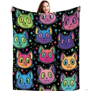 Colorful Vintage Cat Patterned Fleece Blanket - Lightweight Sofa Blanket with Cartoon Cats & Stars - All Season TV Leisure Essential