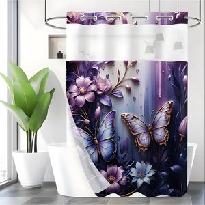 butterfly & flower pattern 2 in 1 shower curtain, waterproof bathroom curtain with 12pcs hooks, bathroom decor supplies for home hotel salon, restroom