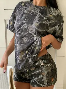 Women's Camo Printed Short Set, Comfortable Loose Fit Shorts & Casual Tee, All-Season Fashion Two-Piece Outfits Camouflage