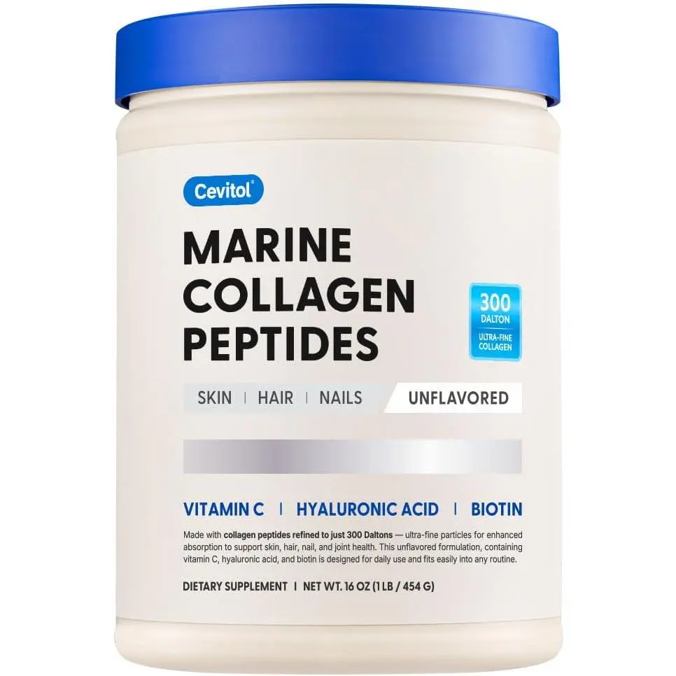Marine Collagen Peptides Powder - Hydrolyzed Ultra-Fine Healthcare Supplement with Hyaluronic Acid, Biotin, Vitamin C for Women & Men, 16oz, Non-GMO, Unflavored, Easily Dissolved
